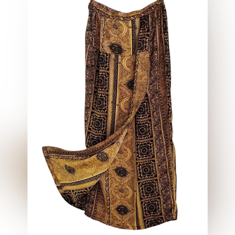 100% Silk Baroque-style Wrap-front Midi Skirt / Sz XS / Mustard-gold, Black